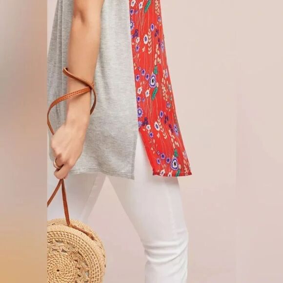 ANTHROPOLOGIE Tiny Zuma Red Floral Print Gray Sleeveless Boho Tank Top Small - Picture 4 of 8